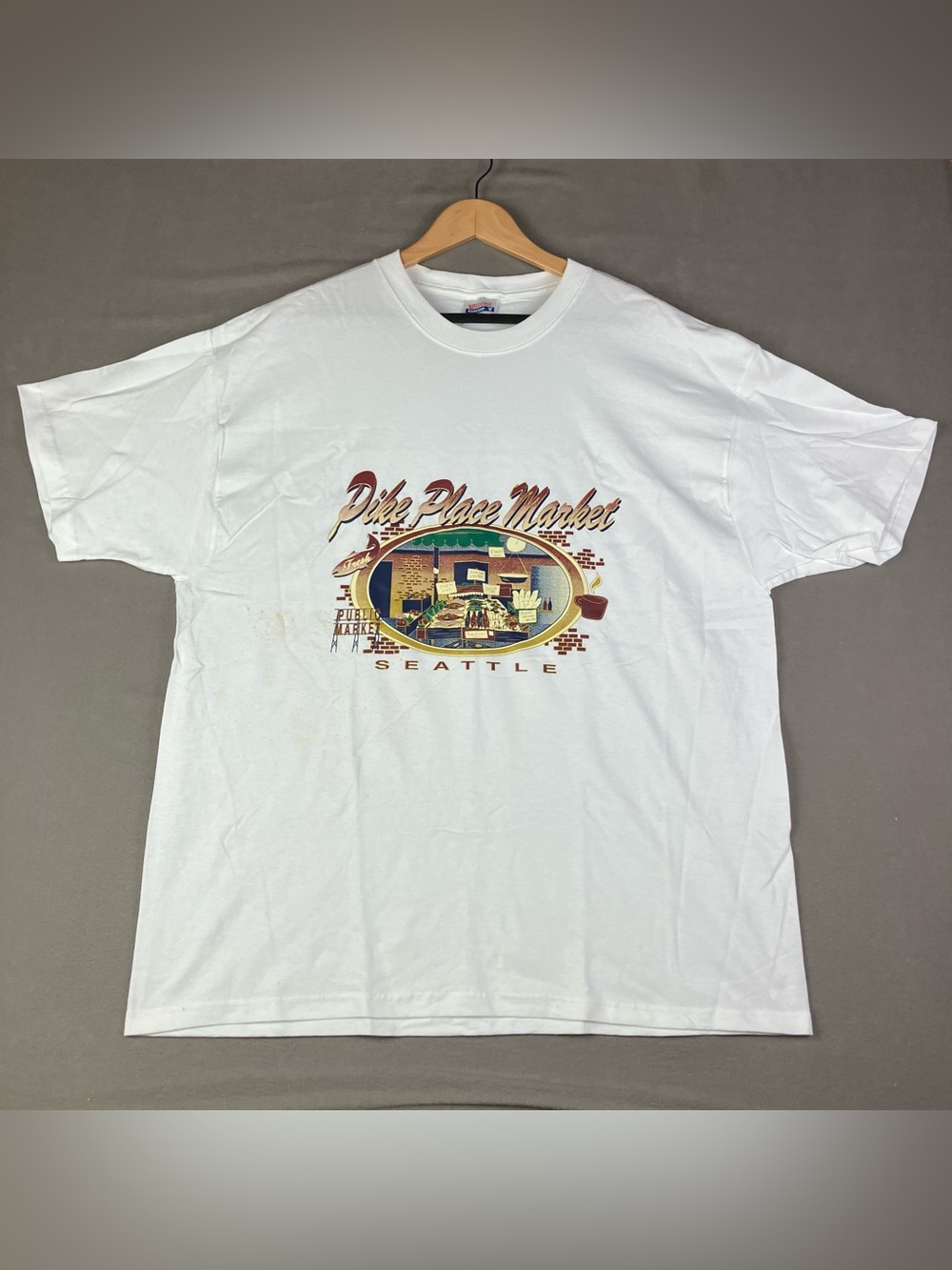Vintage Pike Place Market Seattle Graphic T Shirt Size XL White Short Sleeve. In